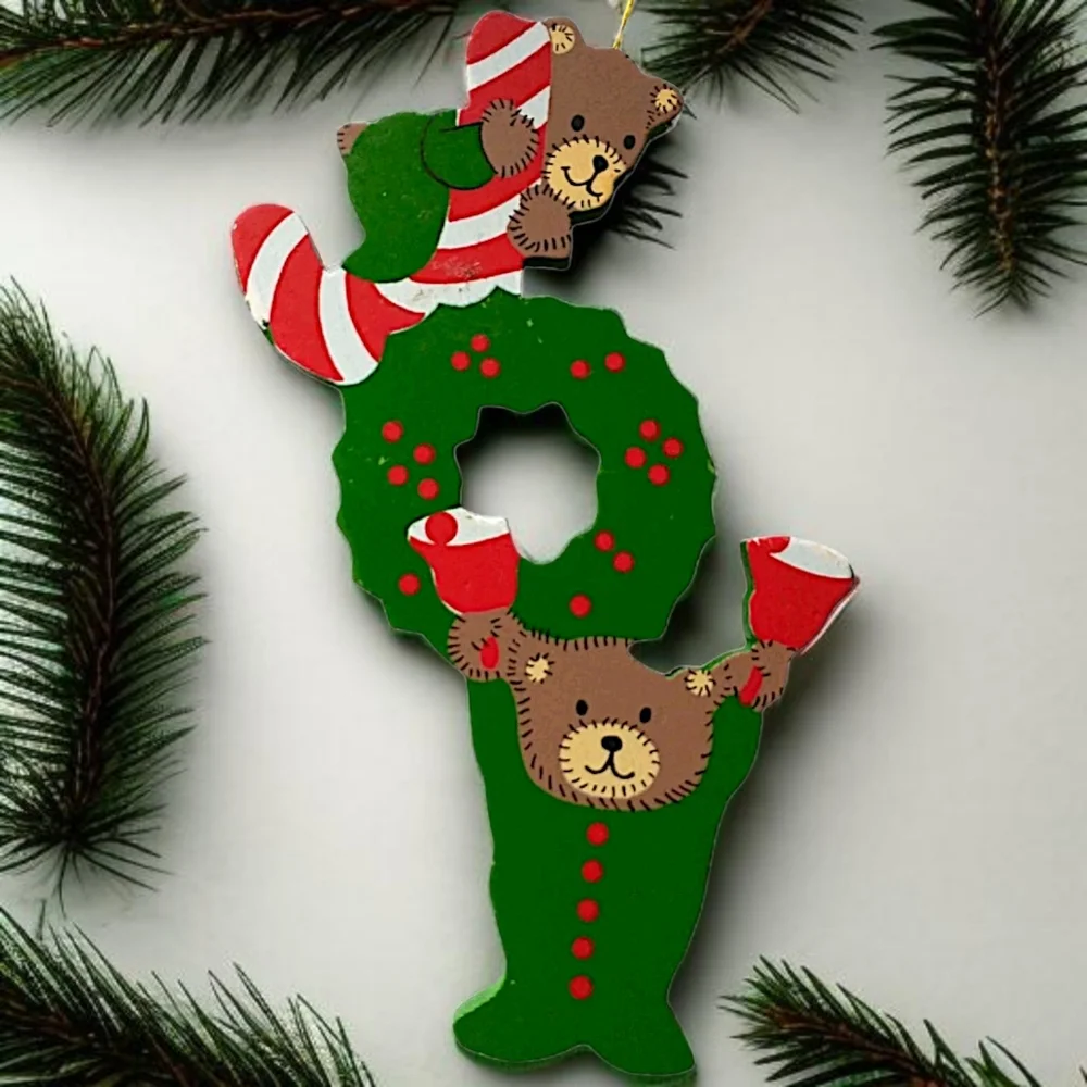 JOY Spell‎ Out Christmas Ornament Folk Art Primitive Die Cut Vintage Wood Bears